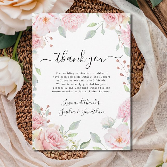 Elegant Rosa ros Bröllop Tack Kort (Elegant Pink Roses Romantic Calligraphy Wedding Thank You Card)