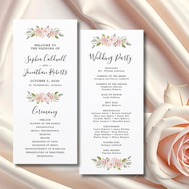 Elegant Rosa ros Calligraphy Bröllop Program (Elegant Pink Roses Custom Wedding Program)