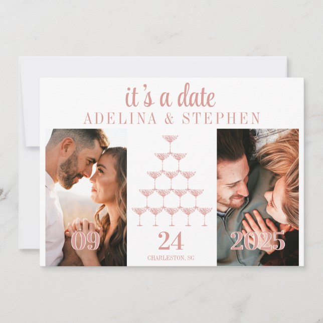 Elegant Rosa ros Champagne Torn skript Bröllop Spara Datumet (Framsida)