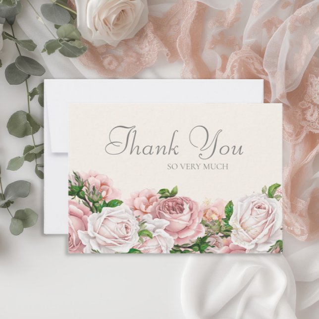 Elegant  Rosa ros Cream Bröllop Tack (Elegant pink vintage roses wedding Thank You card)
