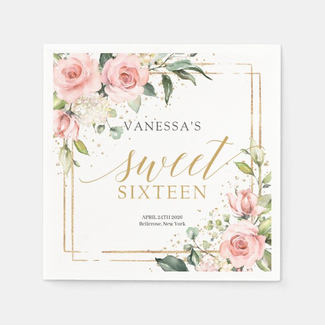 Elegant  rosa ros eucalyptus guld Sweet 16 Pappersservett (Framsidan)