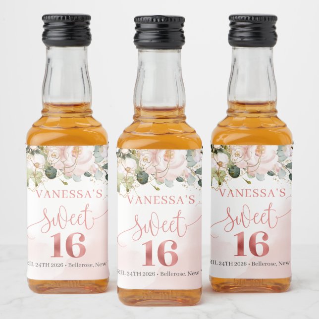 Elegant  rosa ros eukalyptus guld sexton spritflaskor etikett (Flaskor)