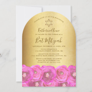 Elegant Rosa Ros-floral Guld Bat Mitzvah Inbjudningar