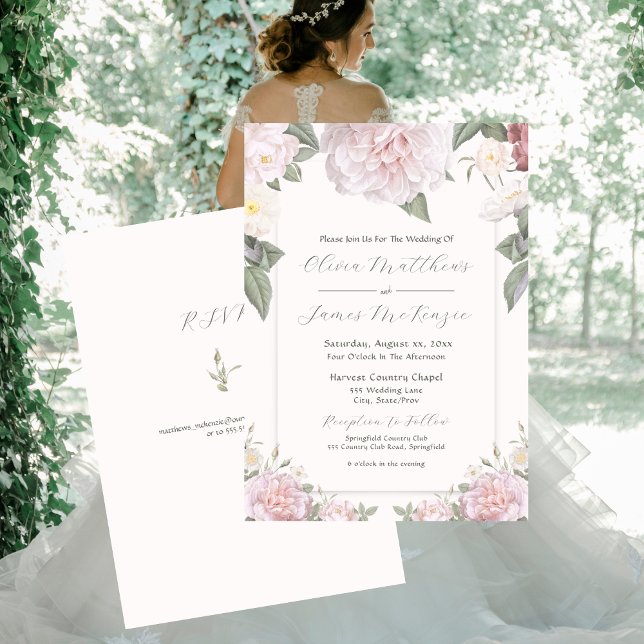 Elegant Rosa ros Garden bröllopsinbjudan Inbjudningar (Elegant Pink Roses Garden Wedding Invitation 5 x 7)