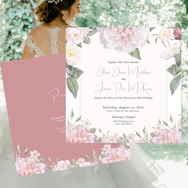 Elegant Rosa ros Garden Wedding Wedding Inbjudningar (Elegant Pink Roses Garden Wedding Invitation with Pink Reverse)