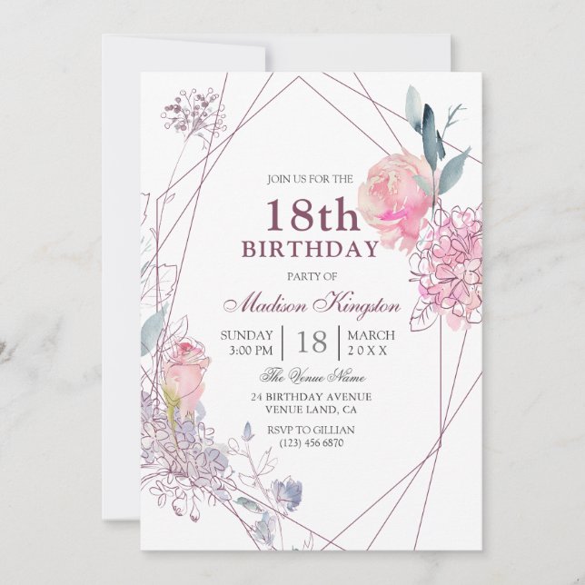 Elegant Rosa ros Geometric 18:e Födelsedagsfesten Inbjudningar (Framsida)