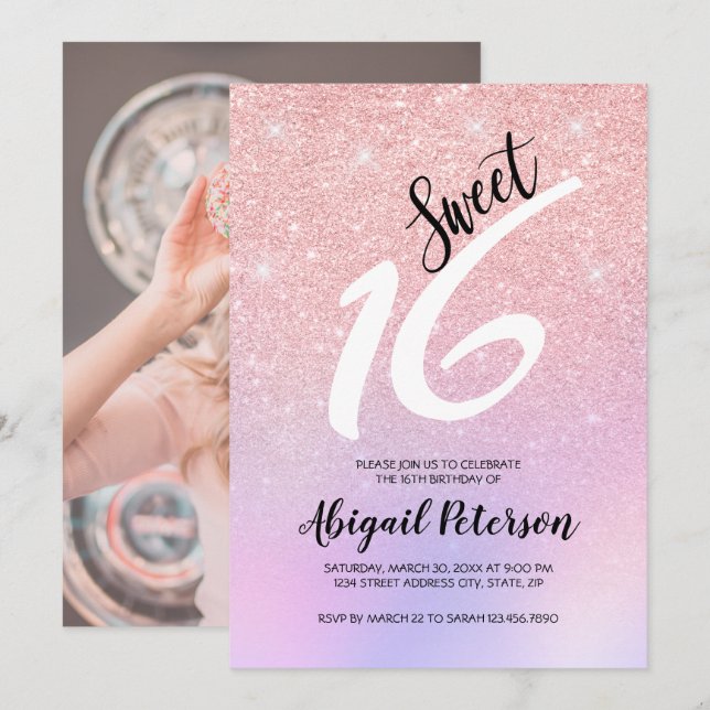 Elegant rosa ros glitter om sweet sixteen inbjudningar (Fram/baksida)