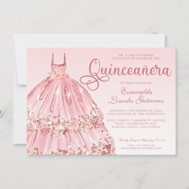 Elegant Rosa ros Glitter Quinceañera Inbjudningar (Framsida)