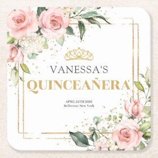 Elegant rosa ros grönt guld Quinceañera Underlägg Papper Kvadrat