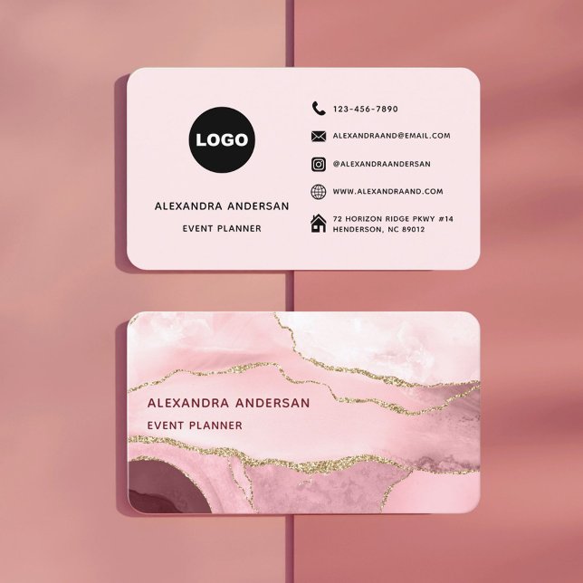 Elegant  Rosa ros Guld Agate Marble Glitter Visitkort (Chic Blush Pink Gold Glitter Marble Agate Social Business Card)