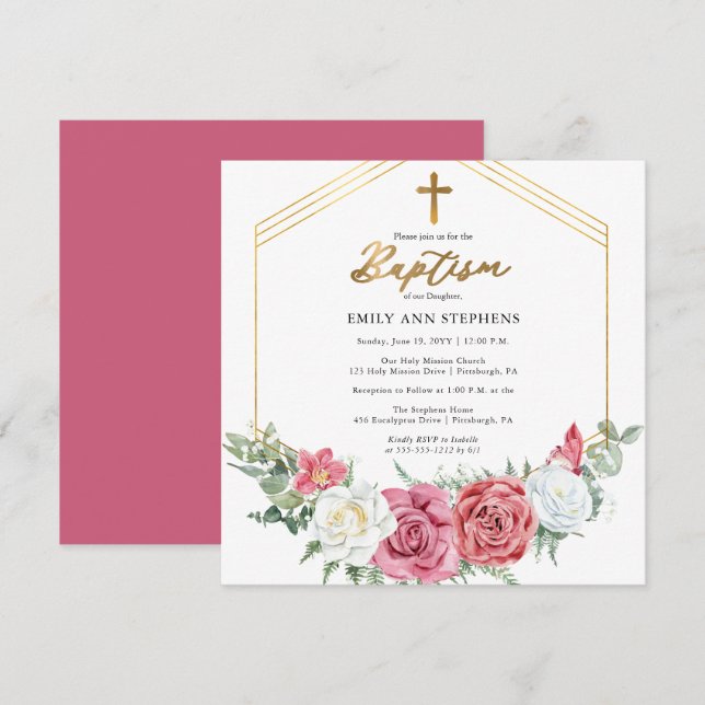 Elegant Rosa ros | Guld Blommigt Ram Girl Baptism Inbjudningar (Fram/baksida)