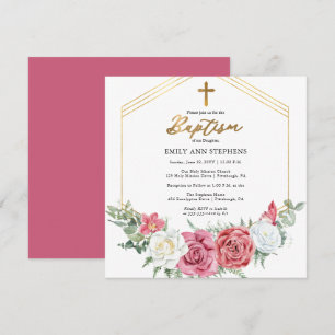 Elegant Rosa ros   Guld Blommigt Ram Girl Baptism Inbjudningar
