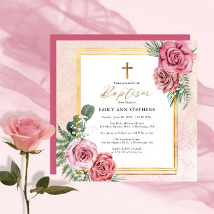 Elegant Rosa ros  Guld Blommigt Ram Girl Baptism Inbjudningar