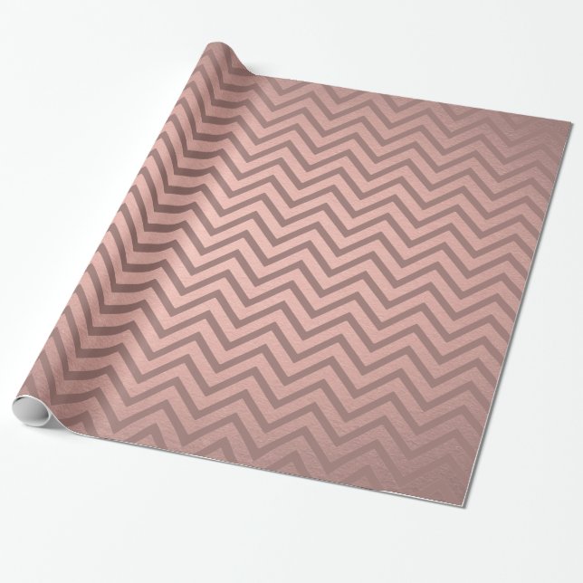 Elegant Rosa ros Guld Chic Faux Metallic Chevron Presentpapper (Utrullad)