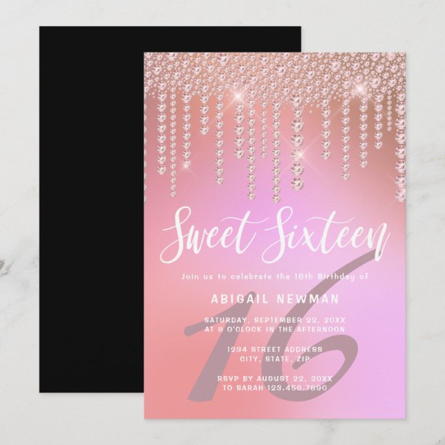 Elegant rosa ros guld diamantdroppar sweet sixteen inbjudningar (Fram/baksida)