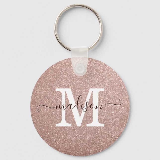Elegant Rosa ros Guld Glitter Monogram-skript Nyckelring (Framsida)