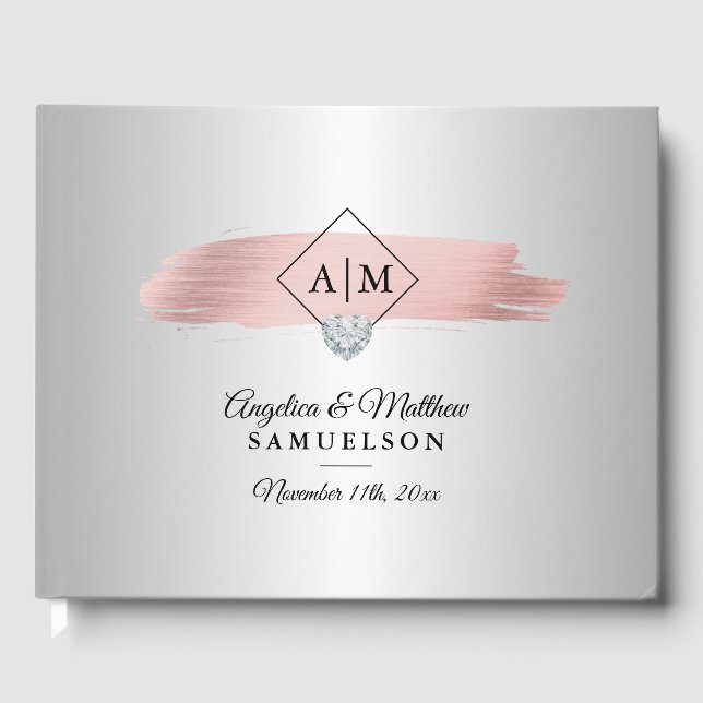 Elegant Rosa ros, Guld, Monogram Bröllop Gästböcker (Framsida)