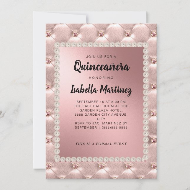 Elegant Rosa ros Guld Quinceañera Photo Pearls Inbjudningar (Framsida)