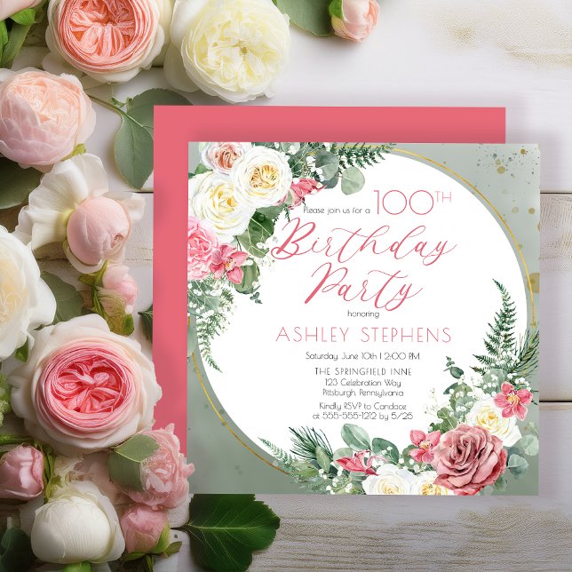 Elegant Rosa ros |Guld Ram 100:e Födelsedagsfesten Inbjudningar (Elegant Pink Rose and Gold Tone Frame 100th Birthday Party Invitation - Print | Digital Download)