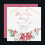 Elegant Rosa ros | Guld Ram 21:a födelsedag Party Inbjudningar<br><div class="desc">Elegant och klassy rosa och vit ros blommigt med sage grönt gienery "Födelsedagsfest"-skriptutformning med geometrisk guld-tonad linjer ram.</div>