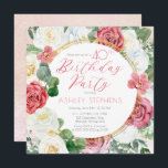 Elegant Rosa ros | Guld Ram 40:e födelsedagen Part Inbjudningar<br><div class="desc">Elegant och klassvis rosa och vit ros blommigt med sage grönt eucalyptus grey "Födelsedagsfest"-skripttextdesign med geometrisk guld-tonad linjer-cirkulär ram.</div>