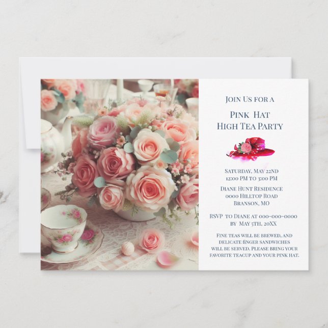 Elegant Rosa ros Hat Theme Tea Party Inbjudningar (Framsida)