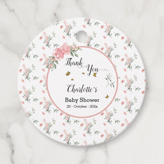 Elegant Rosa ros med Butterflies Baby Shower Gåvor Etiketter (Framsida)