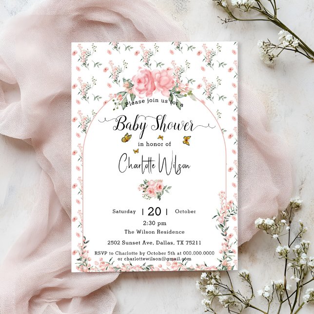 Elegant Rosa ros med Butterflies Baby Shower Inbjudningar (Skapare uppladdad)