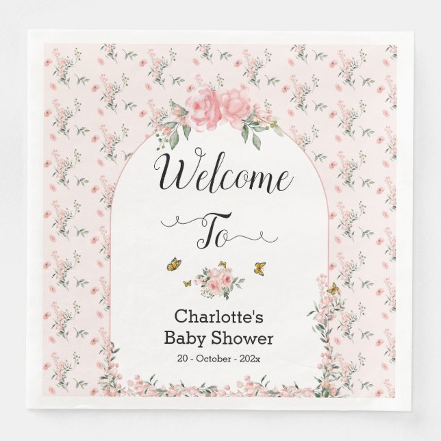 Elegant Rosa ros med Butterflies Baby Shower Pappersservett (Framsida)