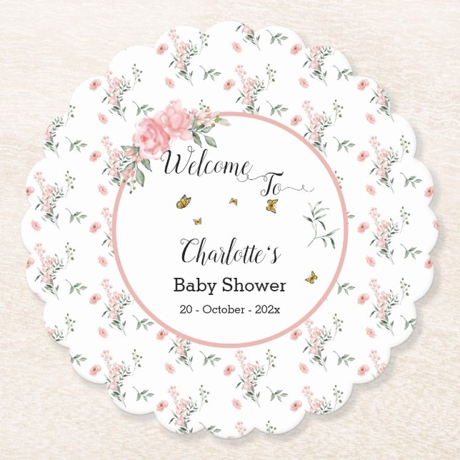 Elegant Rosa ros med Butterflies Baby Shower Underlägg Papper (Framsida)