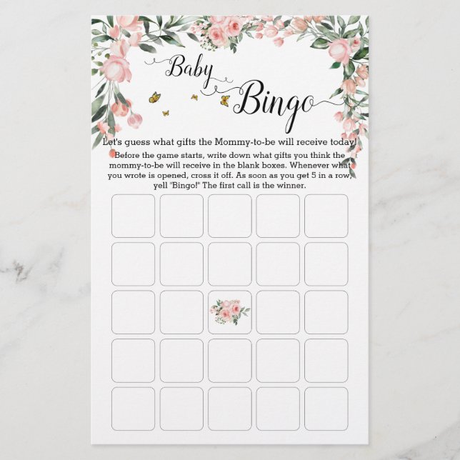 Elegant Rosa ros med Butterfly Baby Bingo Game (Framsida)