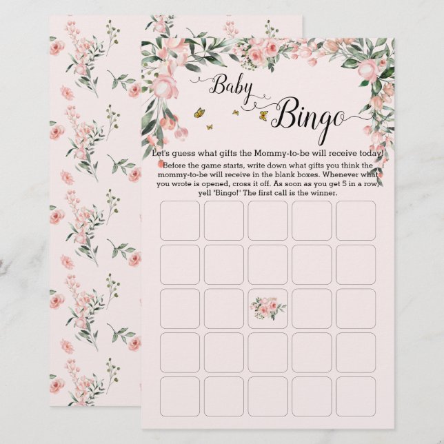 Elegant Rosa ros med Butterfly Baby Bingo Game (Fram/baksida)