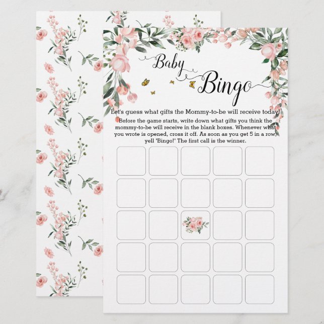 Elegant Rosa ros med Butterfly Baby Bingo Game (Fram/baksida)