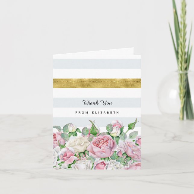 Elegant Rosa ros med FAUX Guld Rand Tack Kort (Framsida)