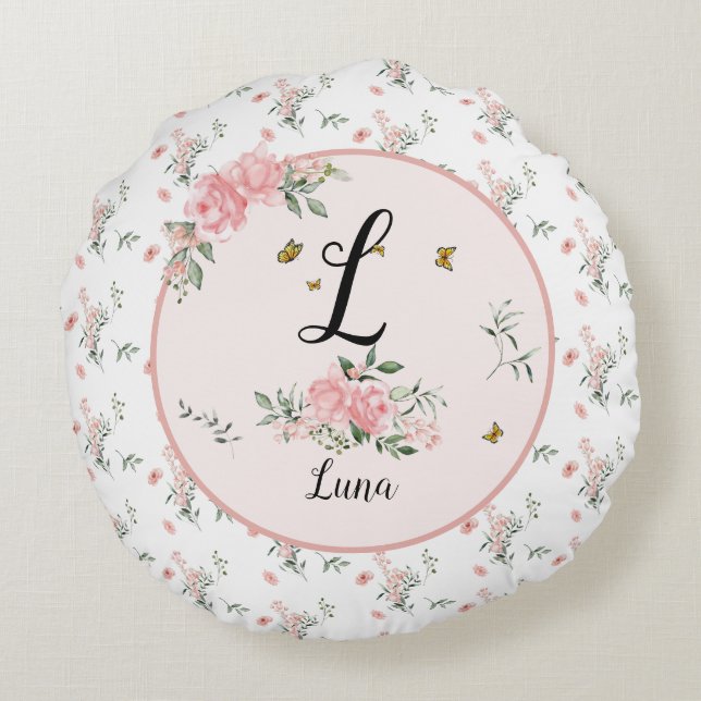 Elegant Rosa ros med fjärilar Rund Kudde (Baksidan)