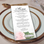 Elegant  Rosa ros med reflexer Bröllop Meny<br><div class="desc">Den här vackra menyn kommer att lägga lite stil till ditt bröllopsmottagande. Den har en vacker och romantisk utformning med en enda blek rosa färgad ro som ljuger på sin sida och reflekterar i ett bassäng av vatten med vinkara och krusande föremål. Det finns utrymme för namn från paret och...</div>