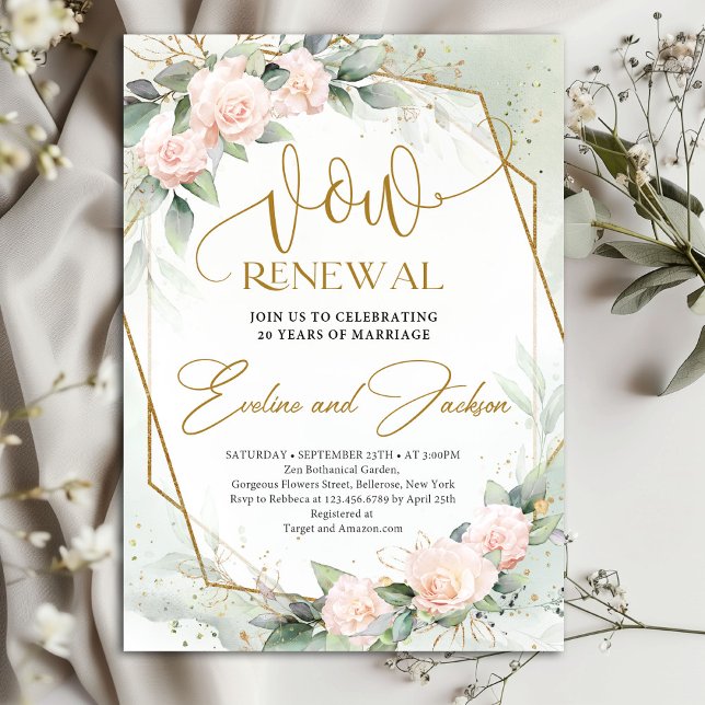Elegant  rosa ros och grönsaksförnyelse inbjudningar (Elegant pale pink delicate roses vow renewal invitation digital)