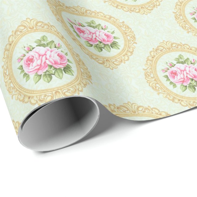 Elegant rosa ros och guldram presentpapper (Rullad Hörn)
