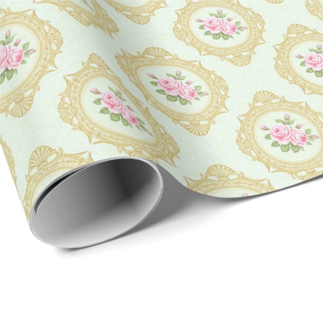 Elegant rosa ros och guldram presentpapper (Rullad Hörn)