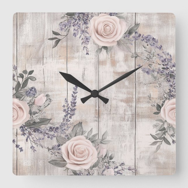 Elegant Rosa ros och Lavender Wall Clock Fyrkantig Klocka (Framsida)