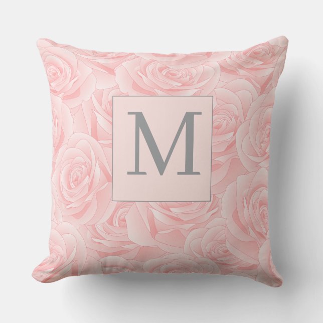Elegant rosa ros och monogram initial  kudde (Framsida)