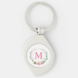 Elegant Rosa ros och Monogram med Blommigt Swirl Silverfärgad Nyckelring