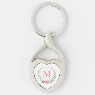 Elegant Rosa ros och Monogram med Blommigt Twisted Heart Silverfärgad Nyckelring