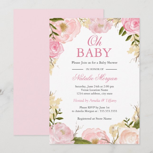 Elegant Rosa ros Oh Baby Shower Card Inbjudningar (Fram/baksida)