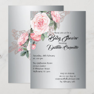 Elegant Rosa ros på Silver babydusch Inbjudningar
