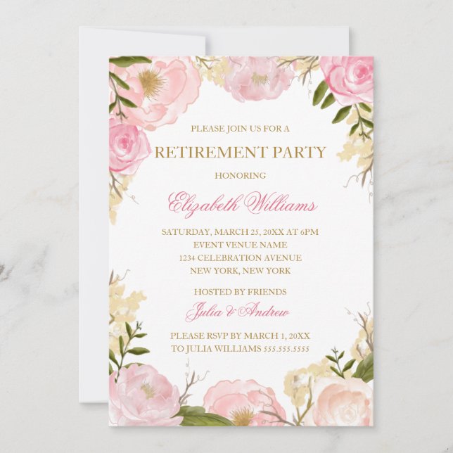 Elegant rosa ros pensionsfestkort inbjudningar (Framsida)