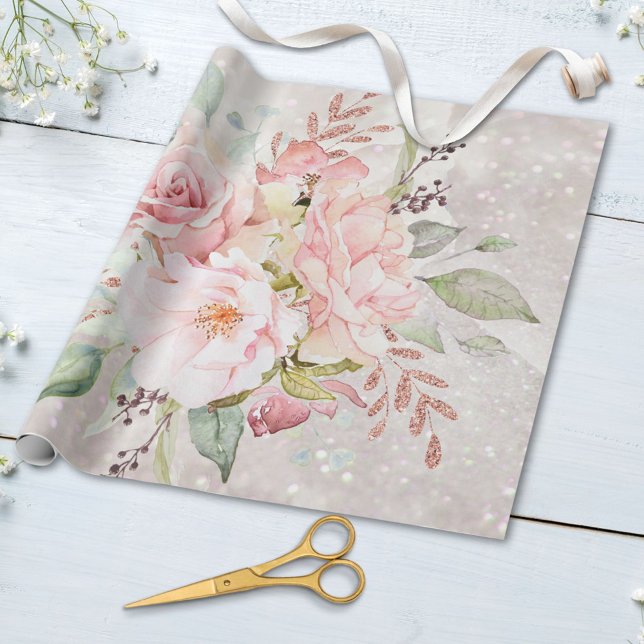 Elegant Rosa ros Peony Blommigt Marble Glitter Presentpapper (In situ)