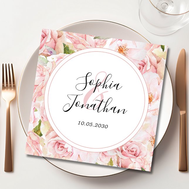 Elegant Rosa ros Personlig Bröllop Pappersservett (Elegant Pink Roses Personalized Wedding Paper Napkin)