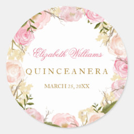 Elegant Rosa ros Quinceanera Sticker Runt Klistermärke