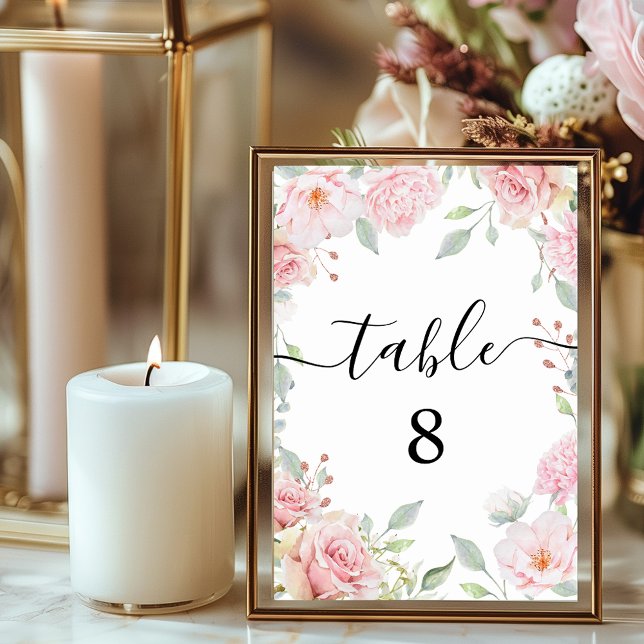 Elegant Rosa ros Romantic Calligraphy Bröllop Bordsnummer (Elegant Pink Roses Romantic Calligraphy Wedding Table Number)